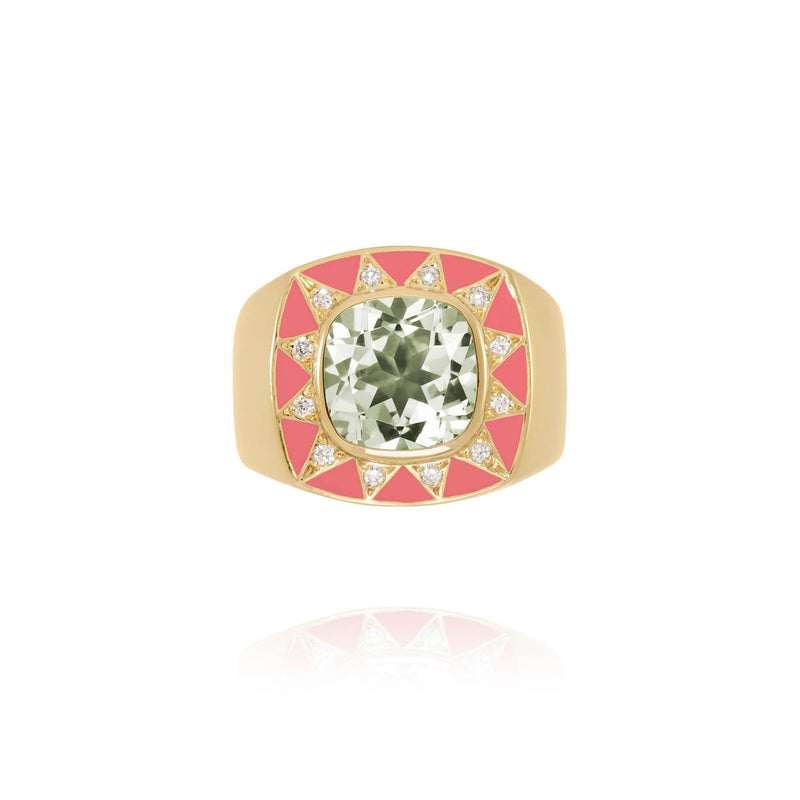 18 karat yellow gold green amethyst ring with diamonds and coral enamel by fine jewelry house Van Den Abeele