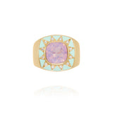18 karat yellow gold lavender quartz ring with diamonds and water green enamel by fine jewelry house Van Den Abeele