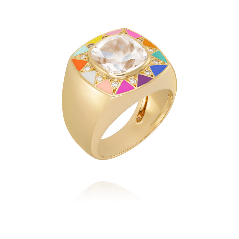 18 karat yellow gold light pink quartz ring with diamonds and rainbow enamel by fine jewelry house Van Den Abeele