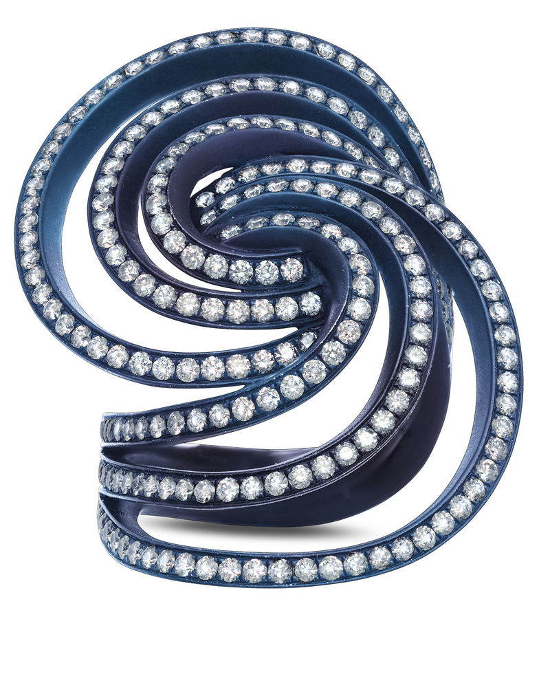 Blue swirl titanium diamond ring by award winning fine jewelry designer Graziela