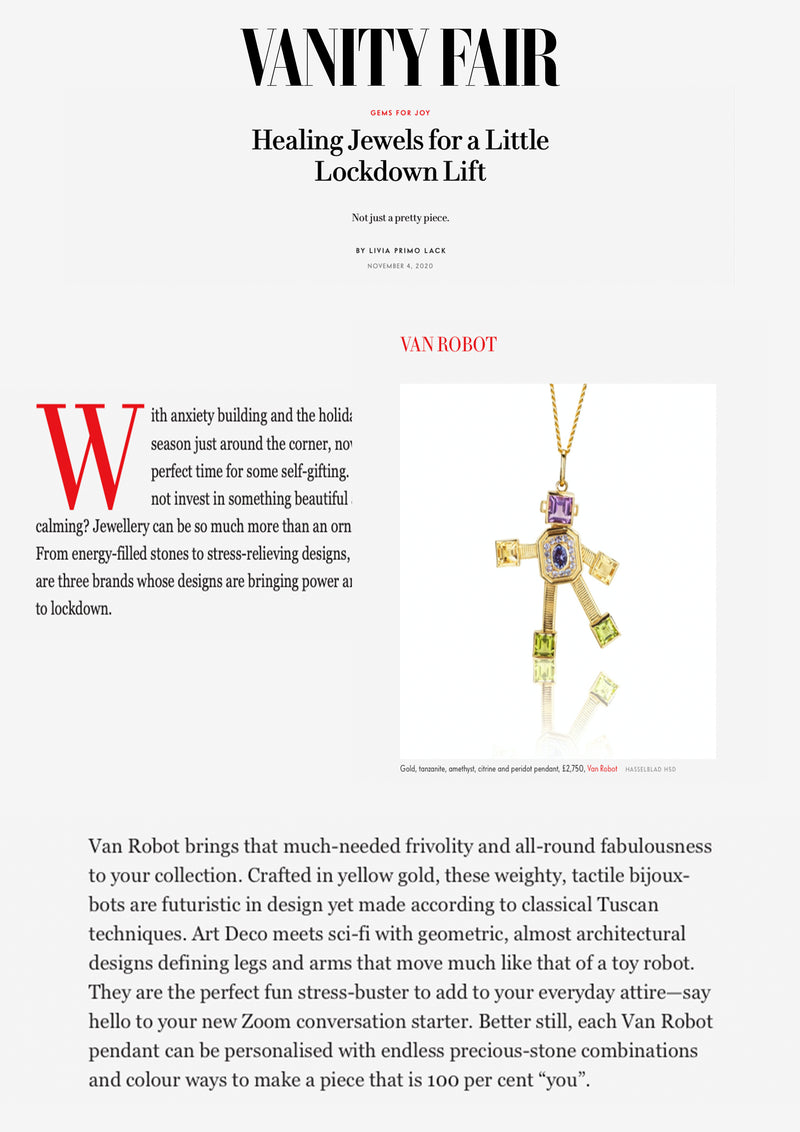 VANITY FAIR article, 18 karat yellow gold tanzanite ring by fine jewelry designer Tatiana Van Lancker