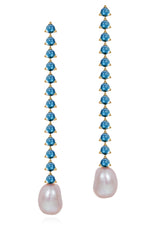 18 karat gold London Blue Topaz and Violet Baroque Pearls drop earrings by fine jewelry designer Maviada