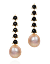 18 karat gold London Black Onyx and Peach Baroque Pearls drop earrings by fine jewelry designer Maviada
