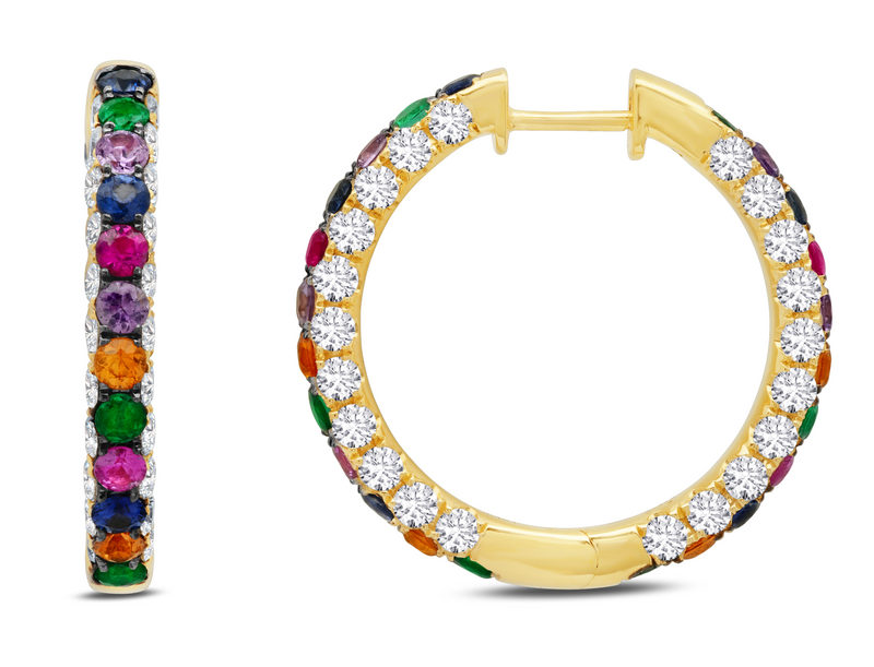 Diamonds, ruby and mulitcoloured sapphires 18 karat gold hoop earrings by award winning fine jewelery designer Graziela