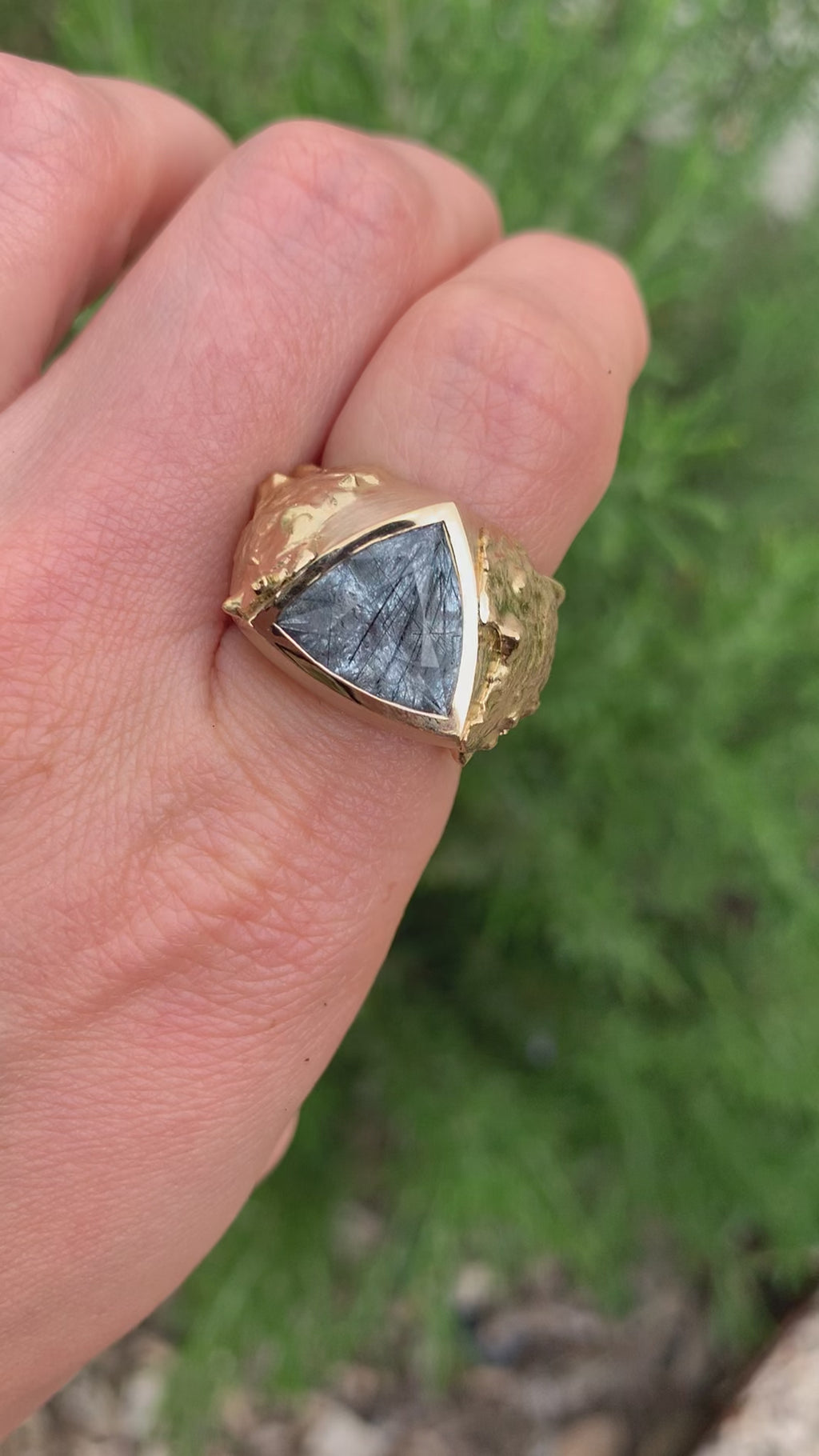 18 karat recycled gold and grey rutilated quartz ring by fine jewelry designer Capucine H