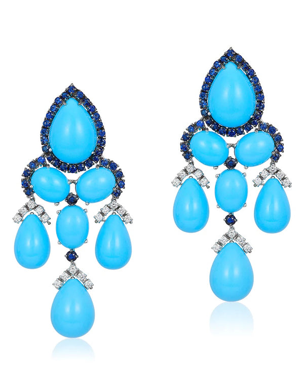 Turquoise, sapphire and diamond drop earrings in 18 karat gold by fine jewelry house Andreoli