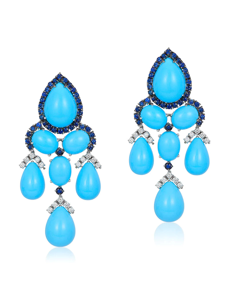 Turquoise, sapphire and diamond drop earrings earrings in 18 karat gold by fine jewelry house Andreoli