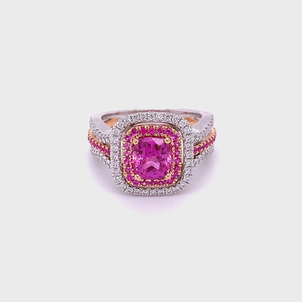 18 karat rose gold pink sapphire and diamond ring by fine jewelry house Yael Designs