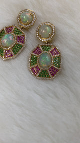 18 karat gold, Opal, Tsavorite, Pink Sapphire and Diamonds earrings by fine jewelry designer Goshwara
