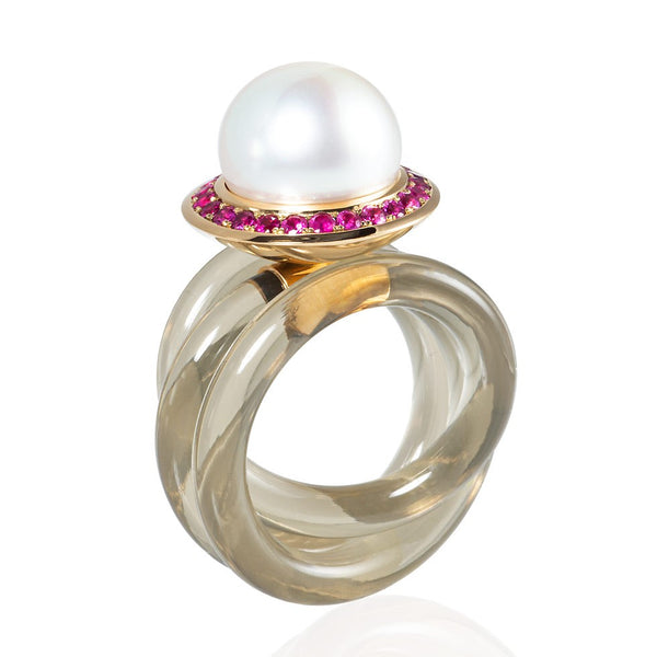 White pearl and ruby ring set in 18 karat gold by fine jewelry designer Monika Seitter