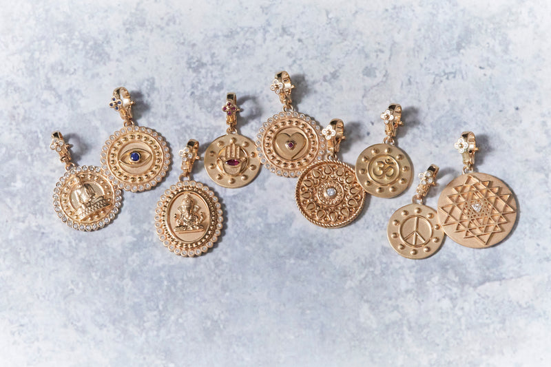 18K Yellow Gold pendants with Diamond and Sapphires by Fine jewelry designer Orly Marcel