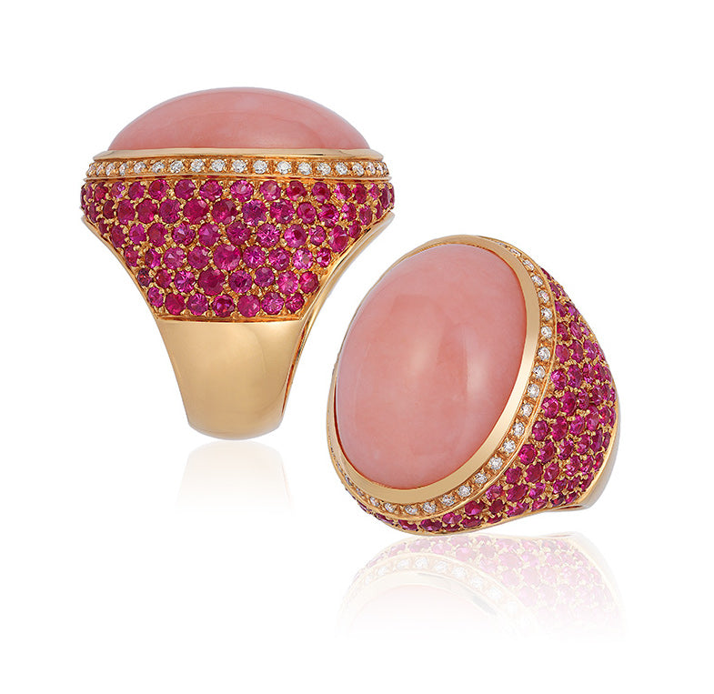 18 karat gold Rose Opal, diamond and sapphire ring by American purveyor of haute joaillerie Andreoli