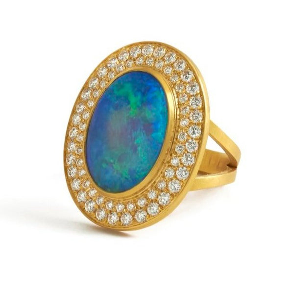 22 karat gold ring with large natural Australian opal and Diamonds by fine jewelry designer Linda Hoj