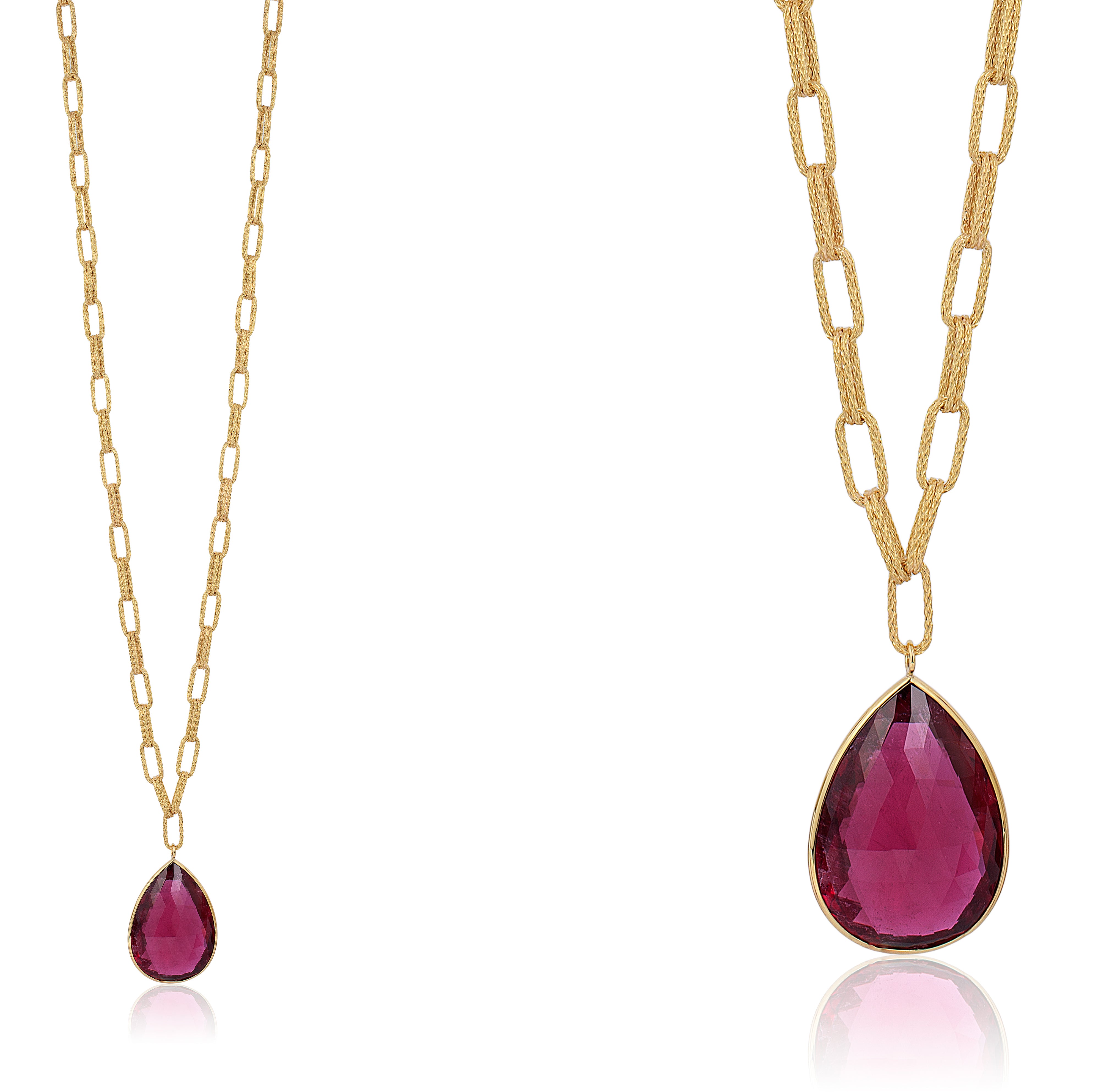 Rubellite pendant with a large texture solid 18 karat gold chain by fine jewelry designer Goshwara