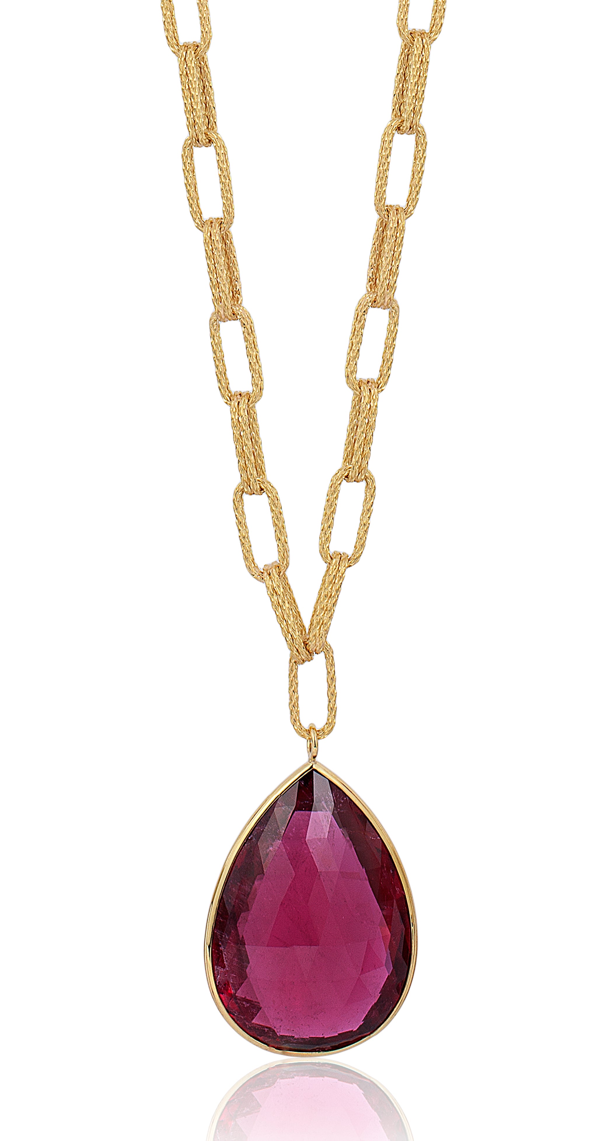 Rubellite pendant with a large texture solid 18 karat gold chain by fine jewelry designer Goshwara