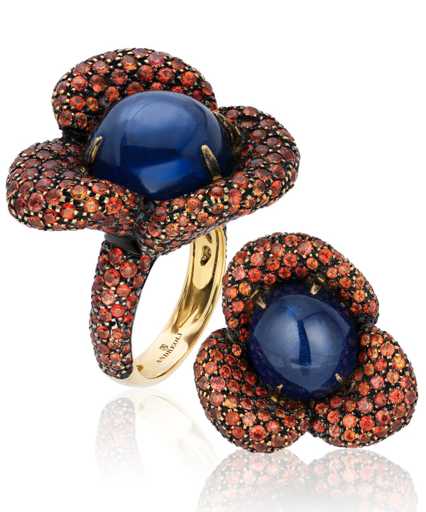 Orange and blue sapphire flower ring by fine jewelry house Andreoli.