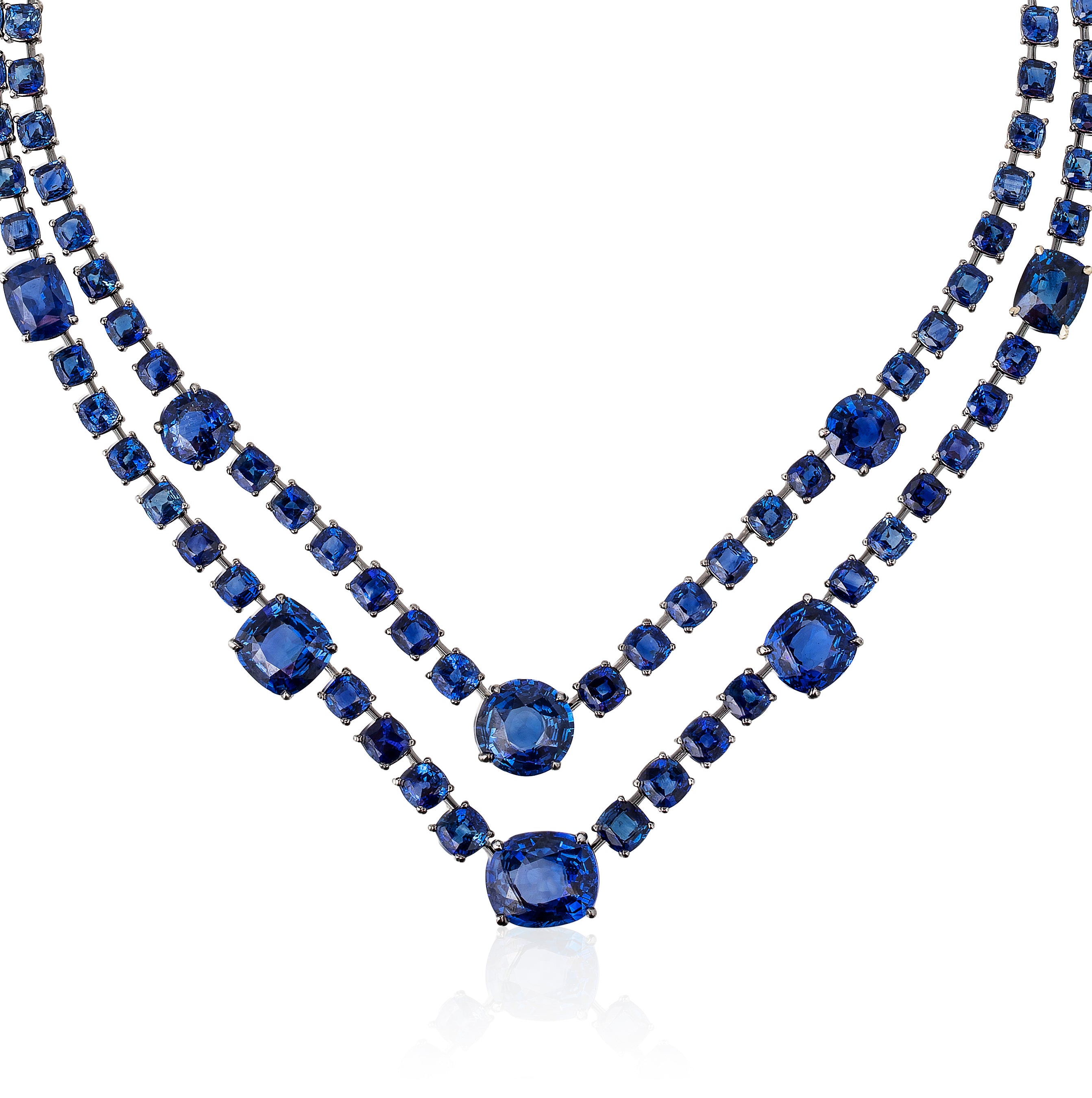 White gold blue sapphire necklace by fine jewelry designer Goshwara