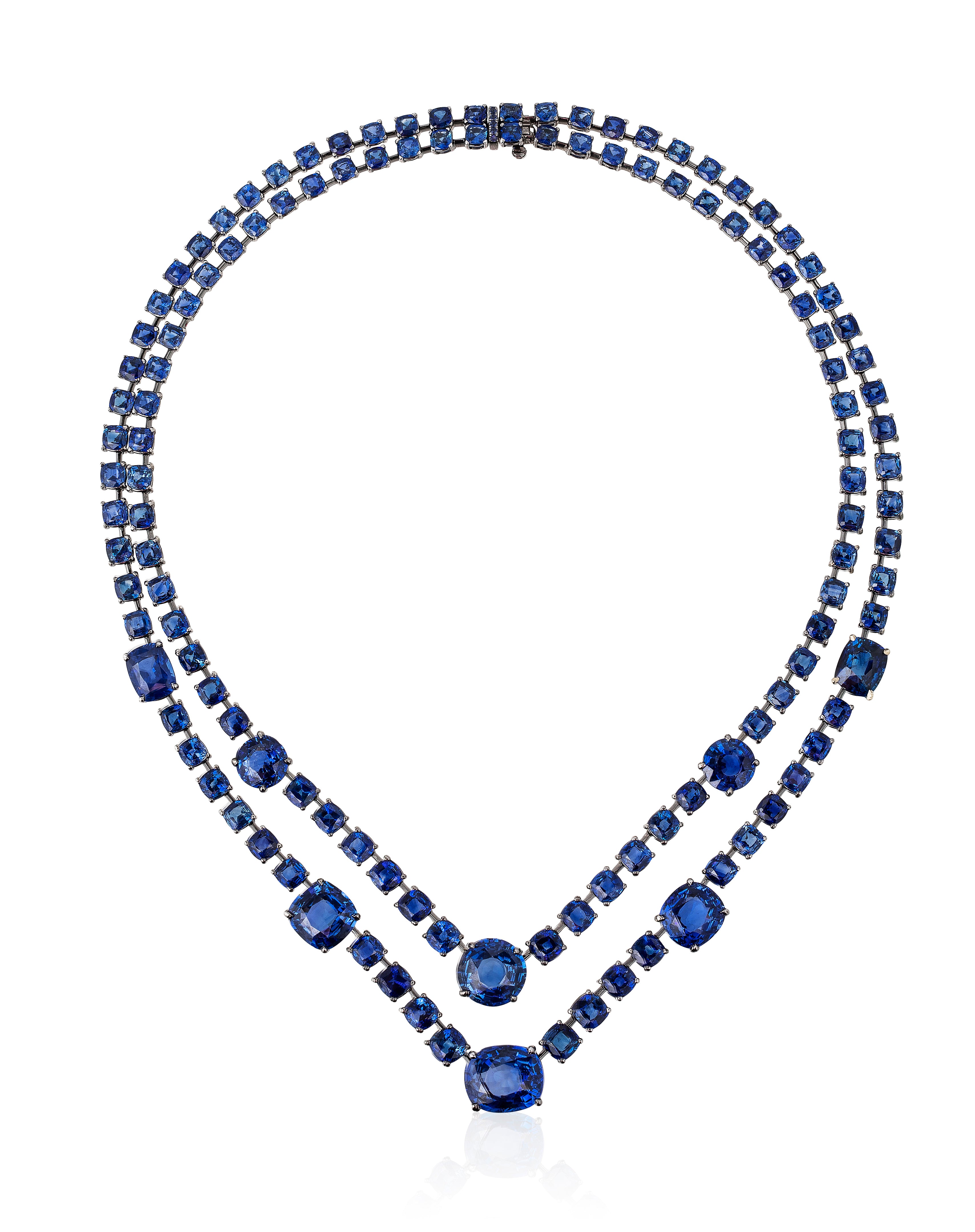 White gold blue sapphire necklace by fine jewelry designer Goshwara